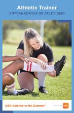 Blue poster with photo of a woman in a ponytail looking at the leg of someone lying on a sports field with the title Athletic Trainer