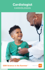 Image of a man with a stethoscope smiling at a young boy, on a green background. Header text reads "Cardiologist, cardiólogo/a"
