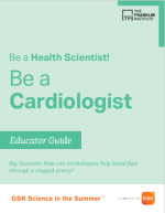 A green book cover with the text "Be a Health Scientist, Be a Cardiologist Educator Guide"