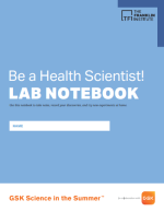 Blue book cover with text that reads "Be a Health Scientist lab notebook"