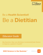 A yellow book cover with the text "Be a Health Scientist, Be a Dietitian Educator Guide"