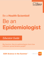 An orange book cover reads "Be a Health Scientist, Be an Epidemiologist Educator Guide."