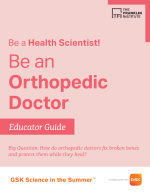A pink book cover with text reading "Be a Health Scientist, Be an Orthopedic Doctor Educator Guide."