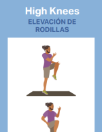A cartoon figure of a person raises their knees in the air, one at a time. Text at the top reads, "High knees, Elevacion de rodillas."