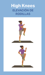Drawing of a person standing on a mat and raising first one knee, then the other in the air. Card title reads High Knees, elevacion de rodillas.