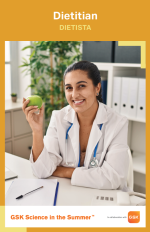 A smiling woman wearing a lab coat holds up a green apple. Text above her reads Dietician / Dietista.