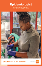 I woman wearing plastic gloves works with a glass slide. Above her, text reads Epidemiologist / Epidemiologo/a.