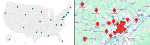 Map of the US with green dots showing partners, next to a map of Philadelphia with partners marked with red dots