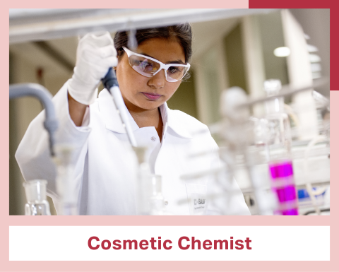 A person stands in a lab, wearing a lab coat and goggles and holding a large pipette. At the bottom of the image is a banner reading Cosmetic Chemist.