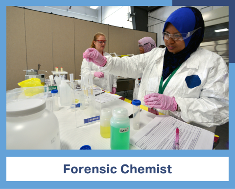 A person wearing a headscarf, lab coat, and goggles uses a pipette to place a fluid in a tube. At the bottom of the image is a banner reading Forensic Chemist.
