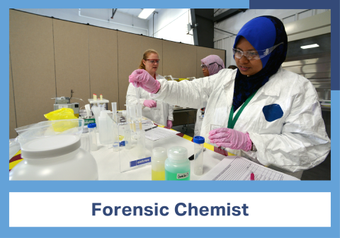 A person wearing a headscarf, lab coat, and goggles uses a pipette to place a fluid in a tube. At the bottom of the image is a banner reading Forensic Chemist.