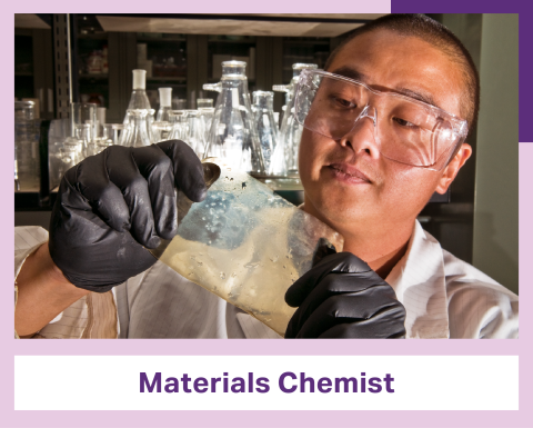 A person wearing a lab coat and goggles holds up a piece of clear material and studies it. At the bottom of the image is a banner reading Materials Chemist.
