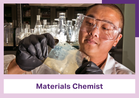 A person wearing a lab coat and goggles holds up a piece of clear material and studies it. At the bottom of the image is a banner reading Materials Chemist.
