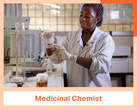 A person wearing a lab coat and microphone holds up a glass beaker. A scale sits in the background. At the bottom of the image is a banner reading Medicinal Chemist.