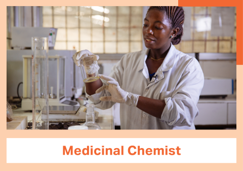 A person wearing a lab coat and microphone holds up a glass beaker. A scale sits in the background. At the bottom of the image is a banner reading Medicinal Chemist.