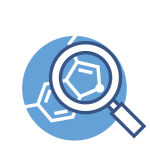 Drawing of a magnifying glass in front of a blue circle containing a drawing of a molecule.