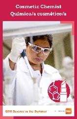 Pink rectangle with image of female scientist wearing lab coat and safety glasses with a pipette