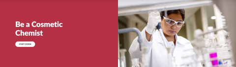 Pink rectangle that says Be a Cosmetic Chemist next to image of female scientist