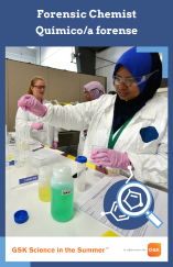 Blue rectangle with image of female scientist wearing lab coat and safety glasses with a pipette