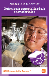 Purple rectangle with image of a scientist wearing gloves and safety glasses and holding up a translucent material