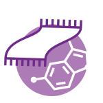 Drawing of a piece of fabric-like material in front of a purple circle containing a drawing of a molecule.
