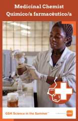 Orange rectangle with image of a female scientist wearing a lab coat and gloves and holding up a beaker