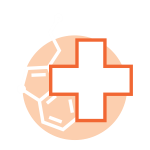 Drawing of a medical cross in front of an orange circle containing a drawing of a molecule.