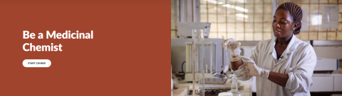 Orange rectangle that says Be a Medicinal Chemist next to image of female scientist