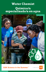 Green rectangle with image of a group gathered around a female scientist next to a river