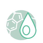 Drawing of a water droplet in front of a green circle containing a drawing of a molecule.