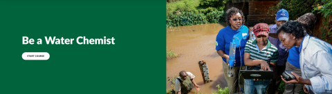 Green rectangle that says Be a Water Chemist next to image of a group gathered around female scientist next to a river