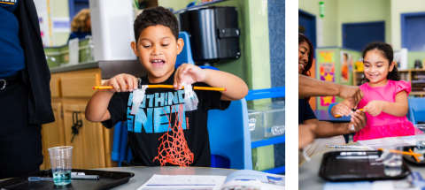 In an image on the left, a young boy holds up two pencils with strips of thin paper clipped to them. The strips of paper show ink spreading in water. In an image on the right, a young girl smiles as an educator helps her clip paper strips onto her pencil.