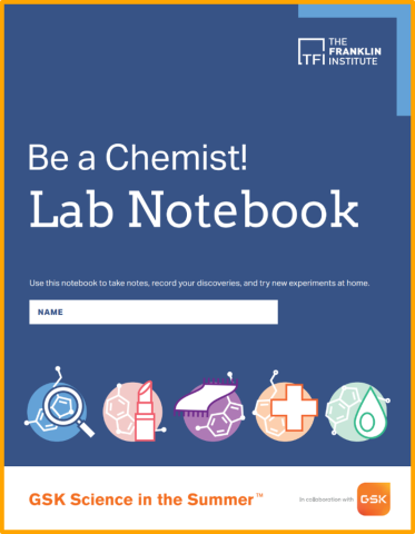 Blue book cover with the text "Be a Chemist Lab Notebook."